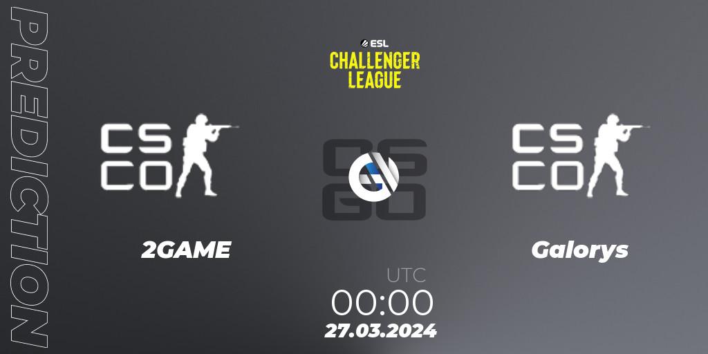 2GAME contre Galorys : prédiction de match. 27.03.2024 at 00:30. Counter-Strike (CS2), ESL Challenger League Season 47: South America