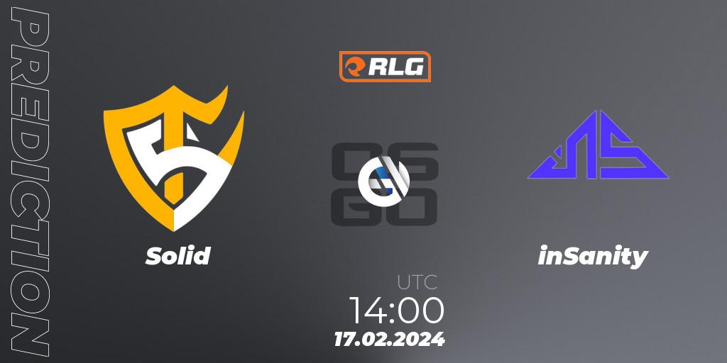 Solid contre inSanity : prédiction de match. 17.02.2024 at 14:00. Counter-Strike (CS2), RES Latin American Series #1