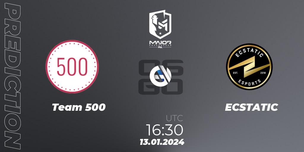 Team 500 contre ECSTATIC : prédiction de match. 13.01.2024 at 16:15. Counter-Strike (CS2), PGL CS2 Major Copenhagen 2024 Europe RMR Open Qualifier 3