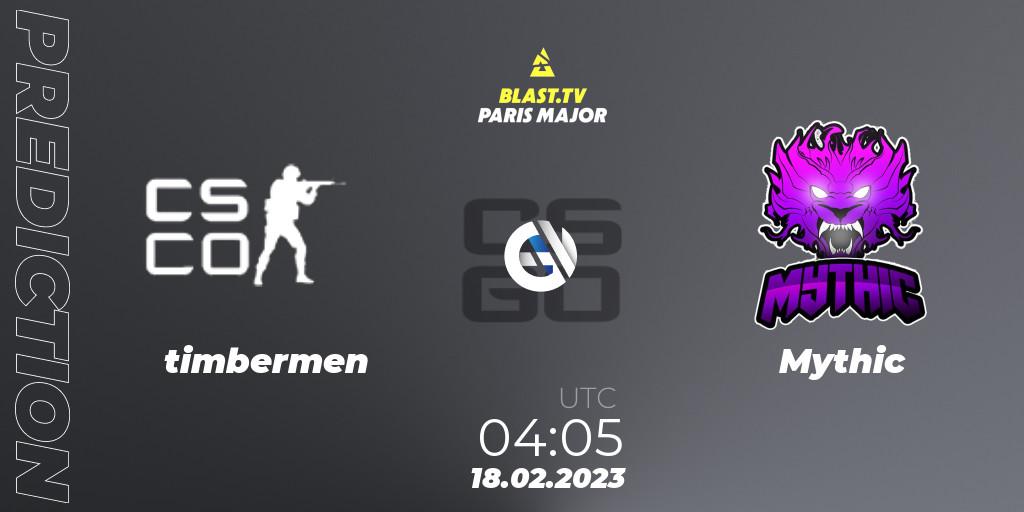 timbermen contre Mythic : prédiction de match. 18.02.2023 at 04:05. Counter-Strike (CS2), BLAST.tv Paris Major 2023 North America RMR Closed Qualifier
