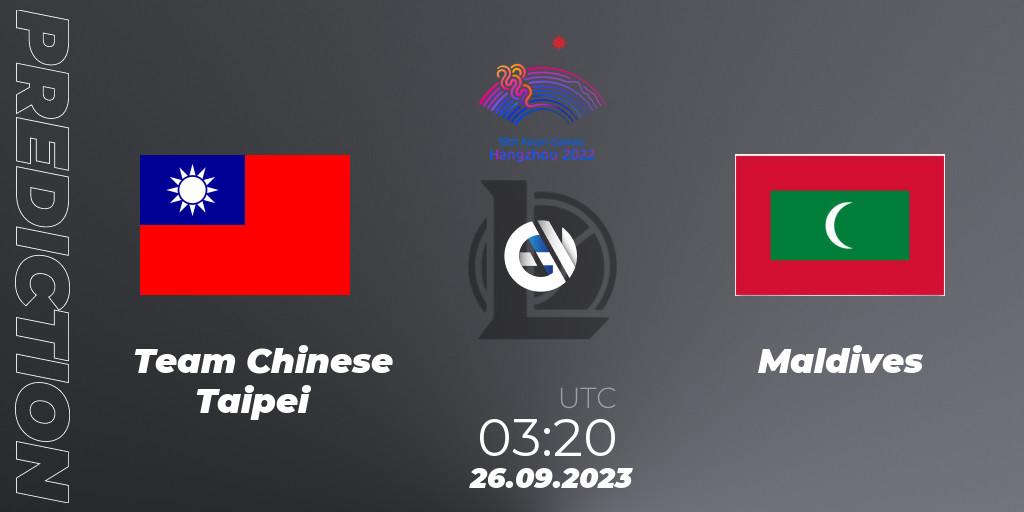 Team Chinese Taipei contre Maldives : prédiction de match. 26.09.2023 at 03:20. LoL, 2022 Asian Games