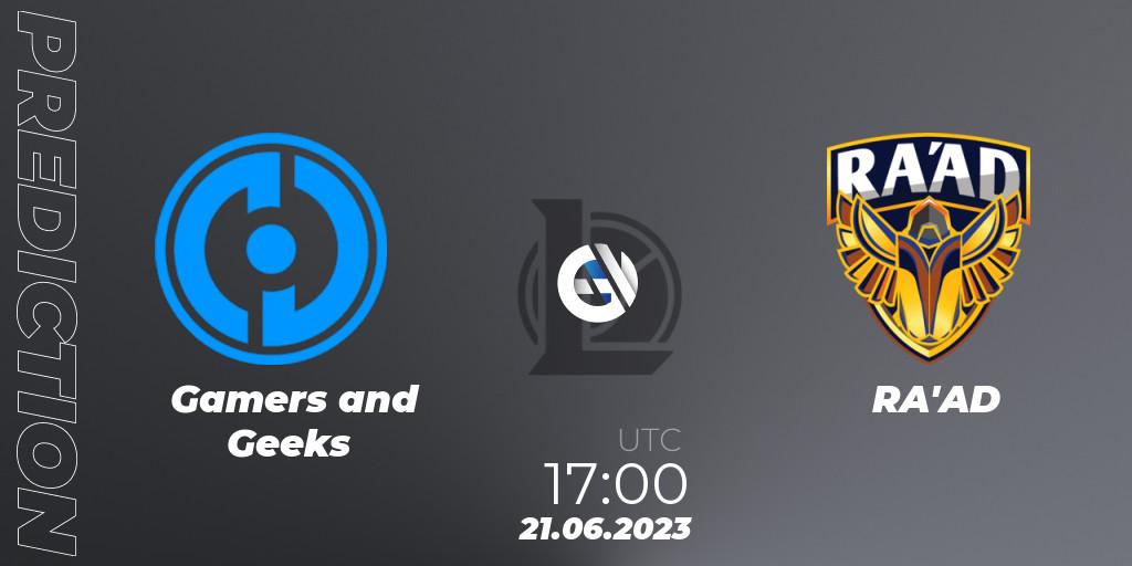 Gamers and Geeks contre RA'AD : prédiction de match. 21.06.2023 at 17:00. LoL, Arabian League Summer 2023 - Group Stage