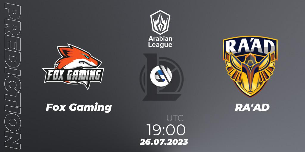Fox Gaming contre RA'AD : prédiction de match. 26.07.2023 at 19:30. LoL, Arabian League Summer 2023 - Group Stage