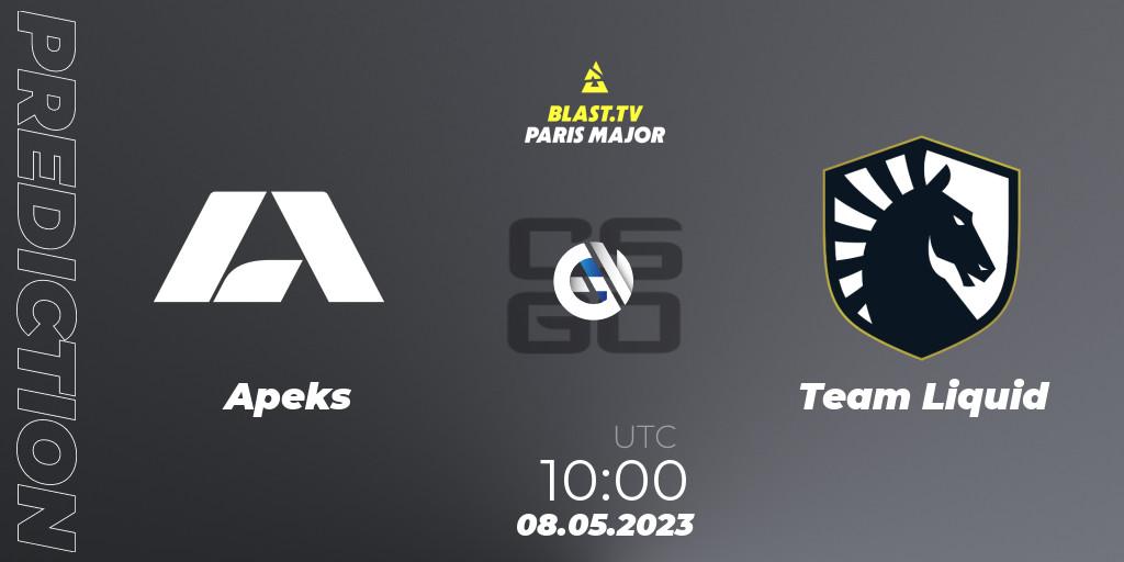 Apeks contre Team Liquid : prédiction de match. 08.05.2023 at 12:40. Counter-Strike (CS2), BLAST Paris Major 2023 Challengers Stage