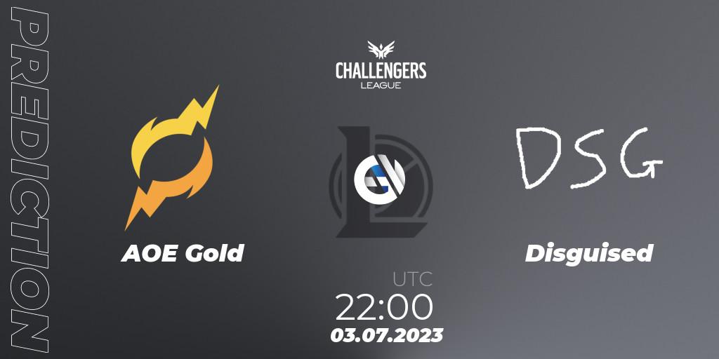 AOE Gold contre Disguised : prédiction de match. 18.06.2023 at 22:00. LoL, North American Challengers League 2023 Summer - Group Stage