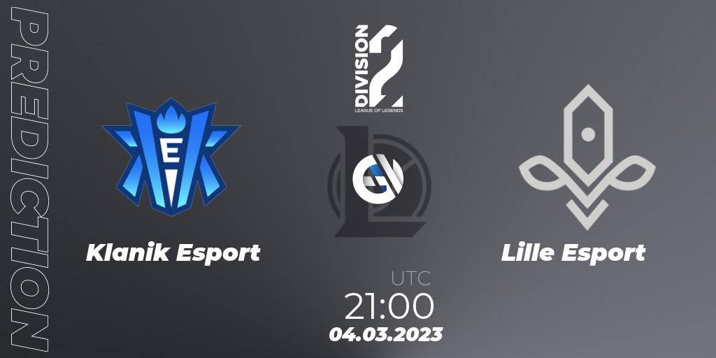 Klanik Esport contre Lille Esport : prédiction de match. 04.03.2023 at 21:00. LoL, LFL Division 2 Spring 2023 - Group Stage