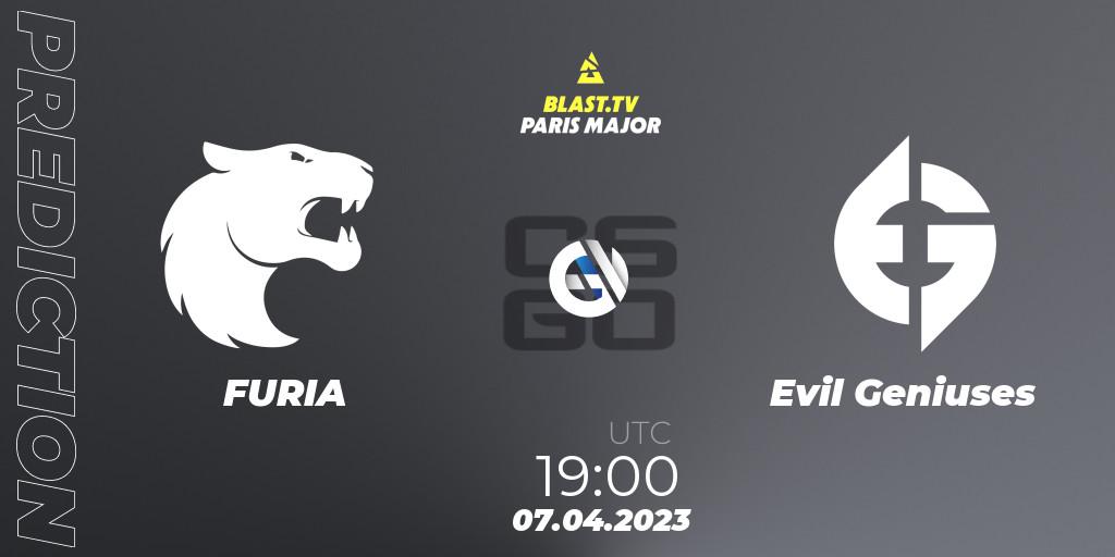 FURIA contre Evil Geniuses : prédiction de match. 07.04.2023 at 19:10. Counter-Strike (CS2), BLAST.tv Paris Major 2023 Americas RMR