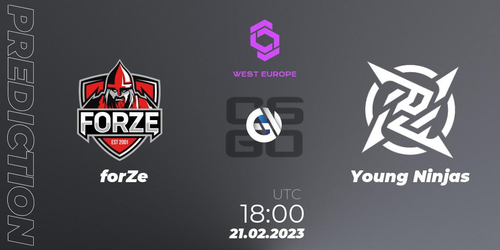 forZe contre Young Ninjas : prédiction de match. 21.02.2023 at 18:00. Counter-Strike (CS2), CCT West Europe Series #1