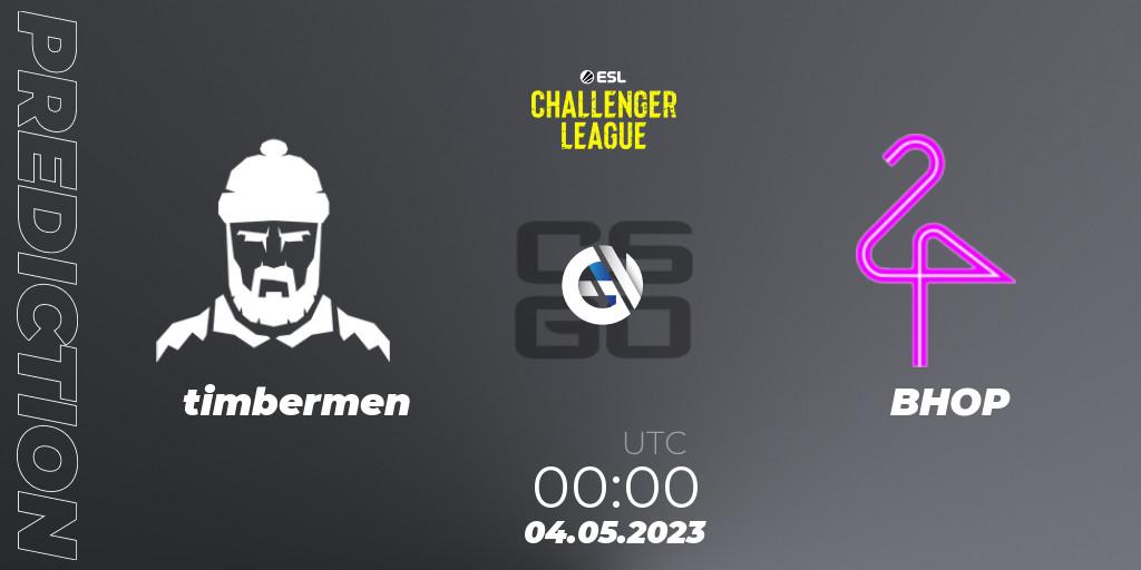 timbermen contre BHOP : prédiction de match. 04.05.2023 at 00:00. Counter-Strike (CS2), ESL Challenger League Season 45: North America