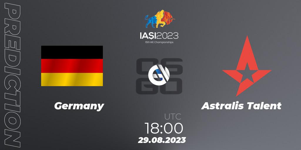 Germany contre Astralis Talent : prédiction de match. 30.08.2023 at 17:30. Counter-Strike (CS2), IESF World Esports Championship 2023