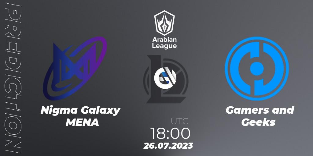 Nigma Galaxy MENA contre Gamers and Geeks : prédiction de match. 26.07.2023 at 18:00. LoL, Arabian League Summer 2023 - Group Stage