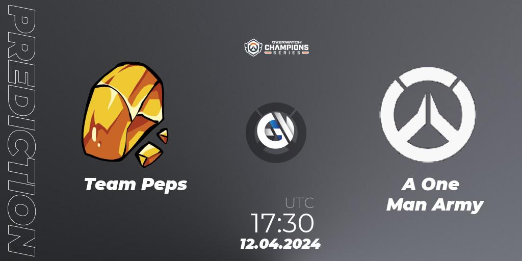 Team Peps contre A One Man Army : prédiction de match. 12.04.2024 at 17:30. Overwatch, Overwatch Champions Series 2024 - EMEA Stage 2 Group Stage