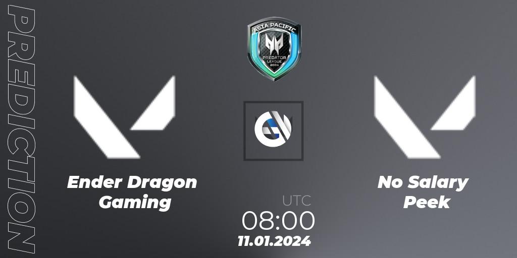 Ender Dragon Gaming contre No Salary Peek : prédiction de match. 11.01.2024 at 08:00. VALORANT, Asia Pacific Predator League 2024