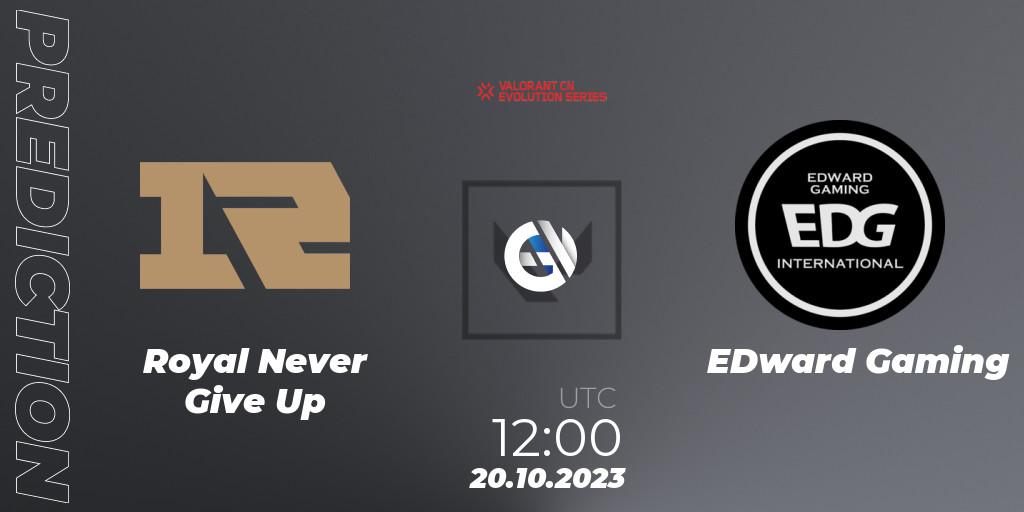 Royal Never Give Up contre EDward Gaming : prédiction de match. 20.10.2023 at 12:00. VALORANT, VALORANT China Evolution Series Act 2: Selection