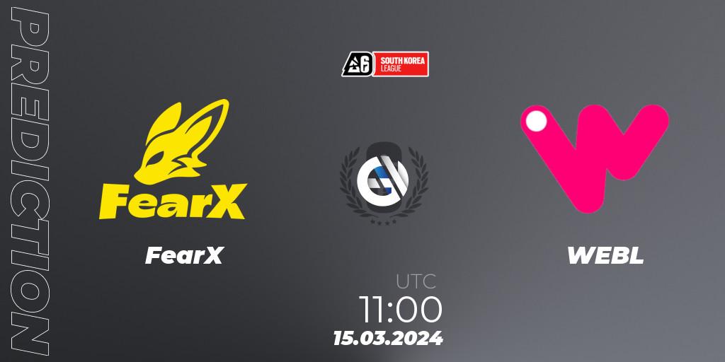 FearX contre WEBL : prédiction de match. 15.03.2024 at 11:00. Rainbow Six, South Korea League 2024 - Stage 1