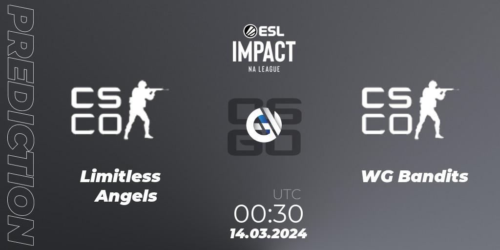 Limitless Angels contre WG Bandits : prédiction de match. 14.03.2024 at 00:30. Counter-Strike (CS2), ESL Impact League Season 5: North America