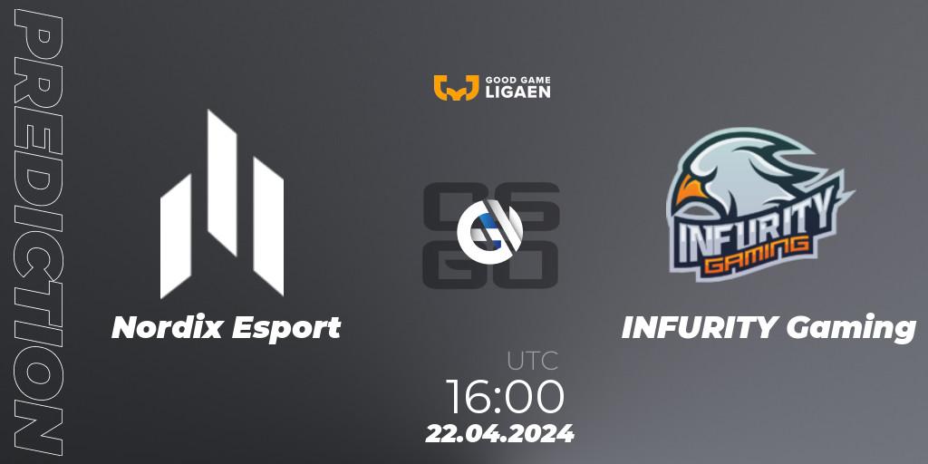 Nordix Esport contre INFURITY Gaming : prédiction de match. 22.04.2024 at 16:00. Counter-Strike (CS2), Good Game-ligaen Spring 2024