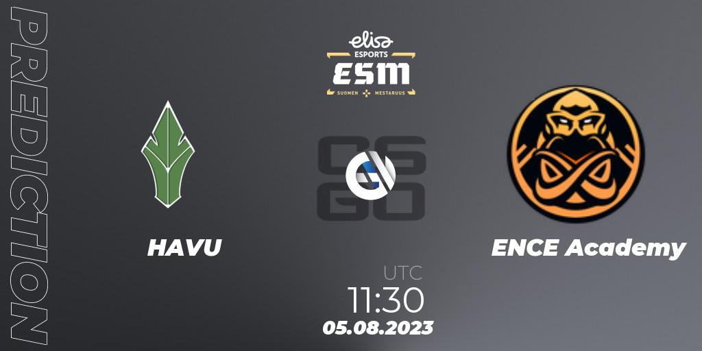 HAVU contre ENCE Academy : prédiction de match. 05.08.2023 at 11:30. Counter-Strike (CS2), Elisa Esports eSM 2023