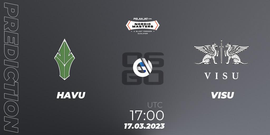 HAVU contre VISU : prédiction de match. 17.03.2023 at 17:00. Counter-Strike (CS2), Pelaajat Nordic Masters Spring 2023 - BLAST Premier Qualifier