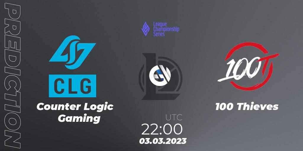 Counter Logic Gaming contre 100 Thieves : prédiction de match. 17.02.2023 at 00:00. LoL, LCS Spring 2023 - Group Stage