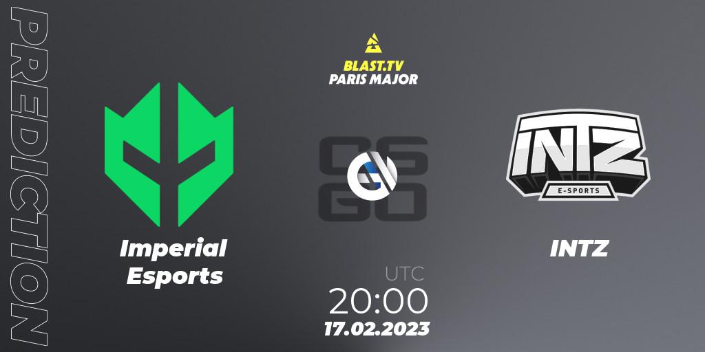 Imperial Esports contre INTZ : prédiction de match. 17.02.2023 at 20:00. Counter-Strike (CS2), BLAST.tv Paris Major 2023 South America RMR Closed Qualifier