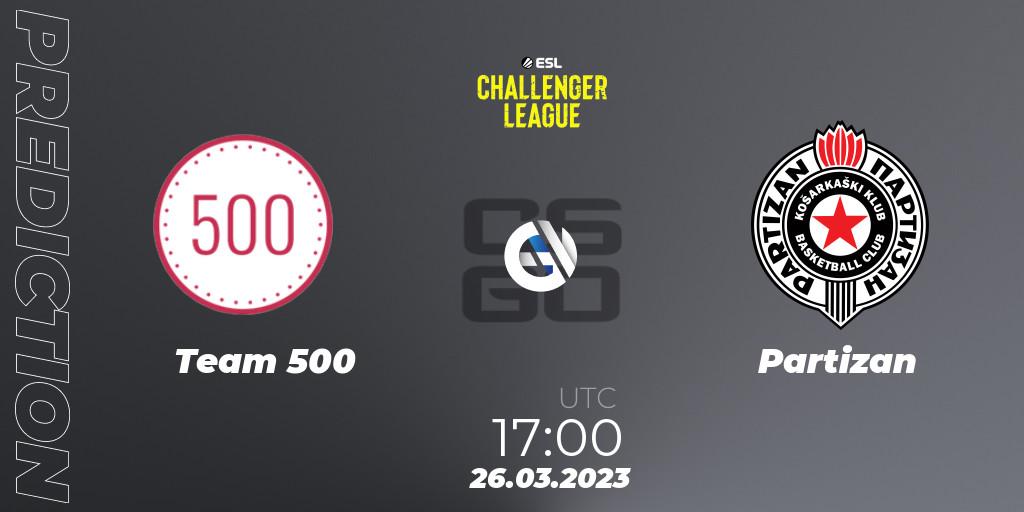 Team 500 contre Partizan : prédiction de match. 26.03.2023 at 14:00. Counter-Strike (CS2), ESL Challenger League Season 44 Relegation: Europe