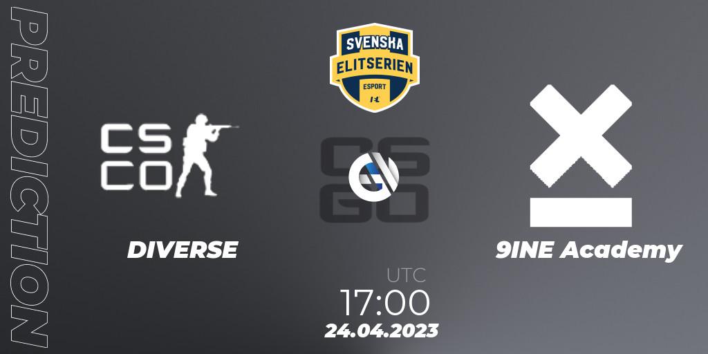 DIVERSE contre 9INE Academy : prédiction de match. 24.04.2023 at 17:00. Counter-Strike (CS2), Svenska Elitserien Spring 2023: Online Stage