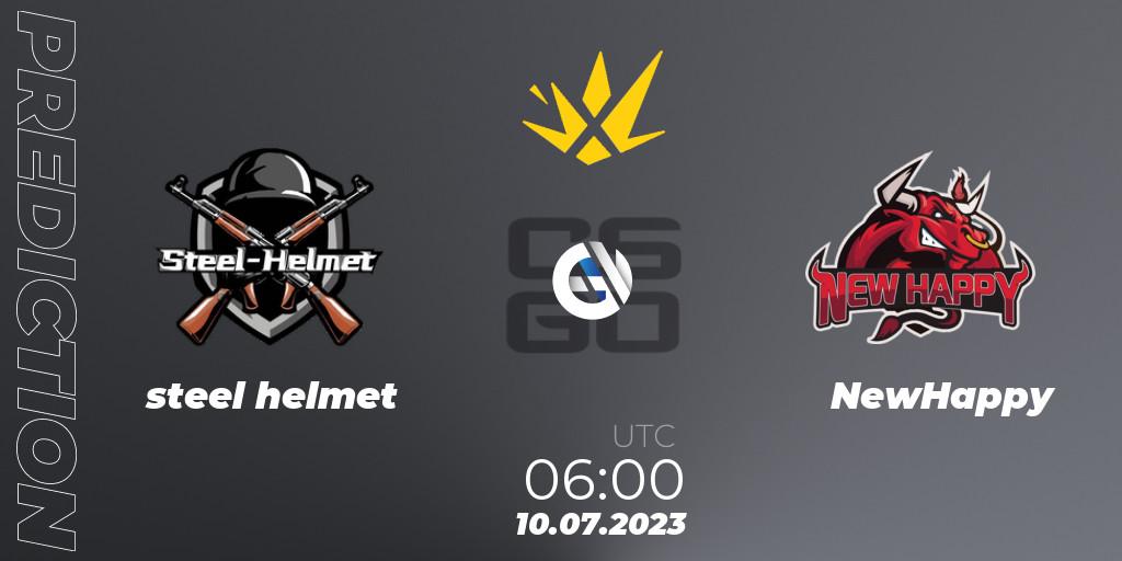 steel helmet contre NewHappy : prédiction de match. 10.07.2023 at 06:00. Counter-Strike (CS2), XSE Pro League