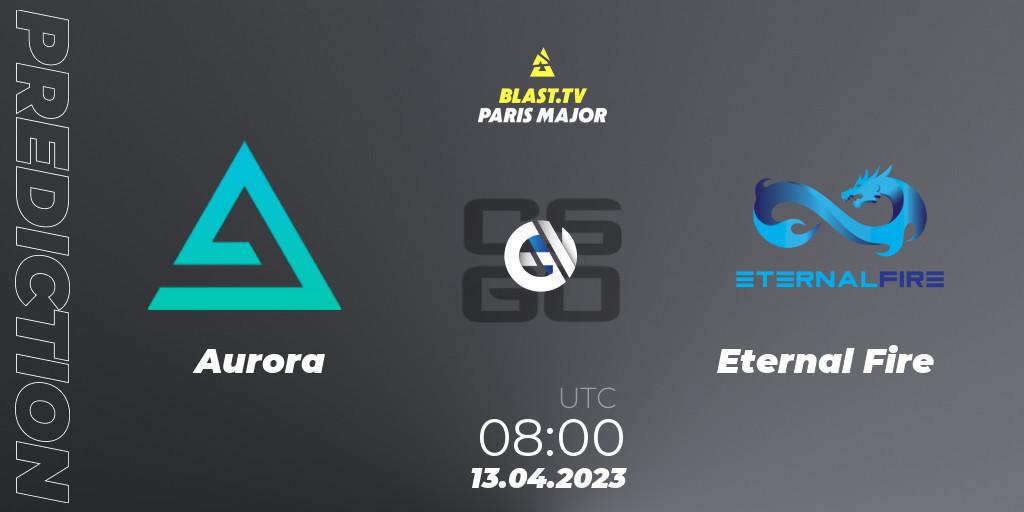 Aurora contre Eternal Fire : prédiction de match. 13.04.2023 at 08:00. Counter-Strike (CS2), BLAST.tv Paris Major 2023 Europe RMR B
