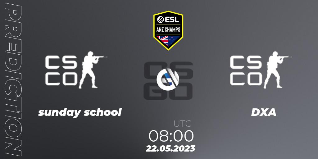 sunday school contre DXA Esports : prédiction de match. 22.05.2023 at 08:00. Counter-Strike (CS2), ESL ANZ Champs Season 16