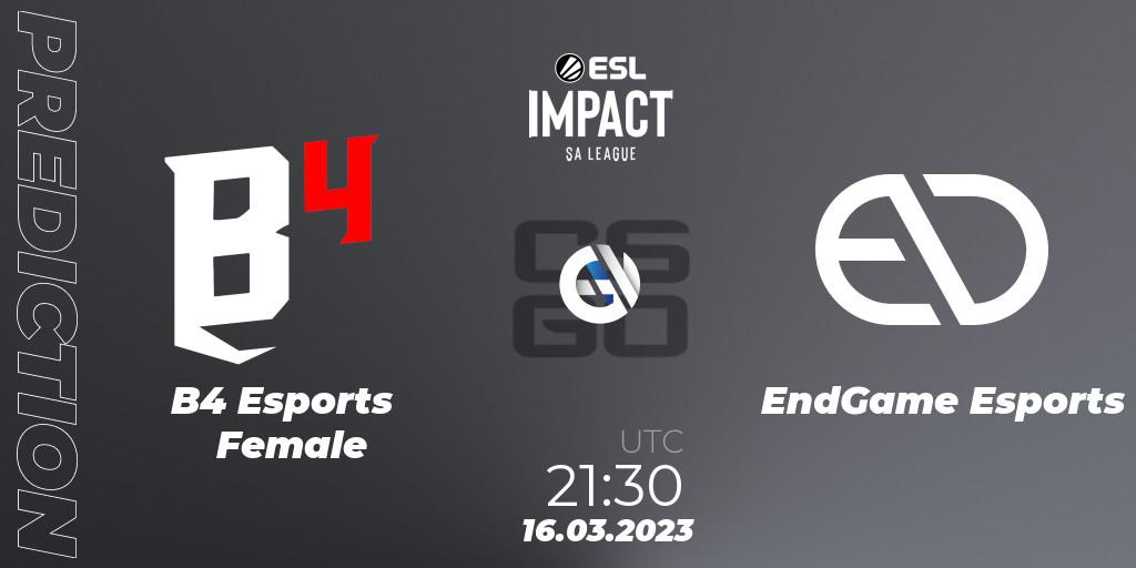 B4 Esports Female contre EndGame Esports : prédiction de match. 16.03.23. CS2 (CS:GO), ESL Impact League Season 3: South American Division
