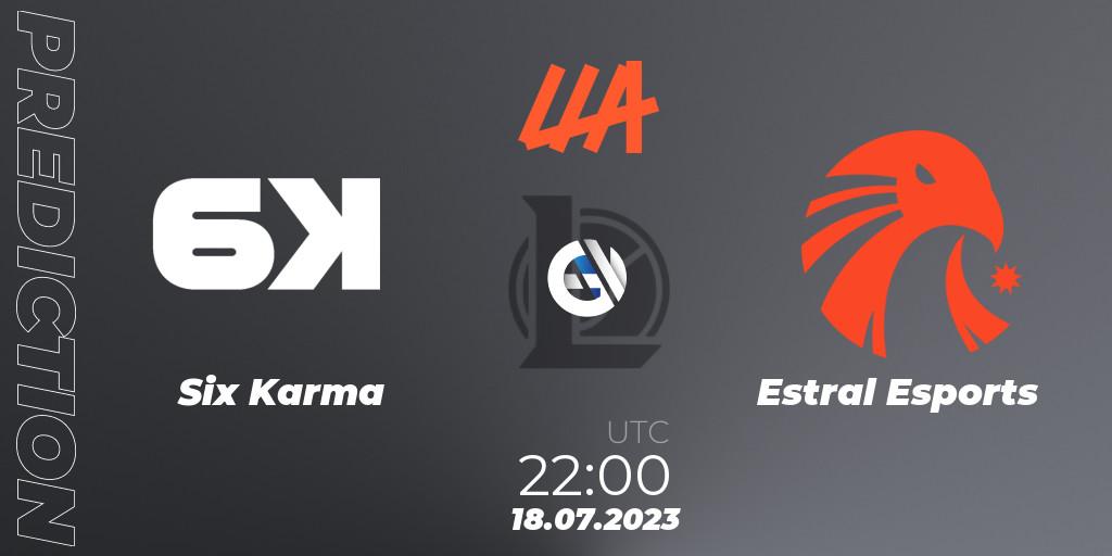 Six Karma contre Estral Esports : prédiction de match. 18.07.2023 at 22:00. LoL, LLA Closing 2023 - Group Stage