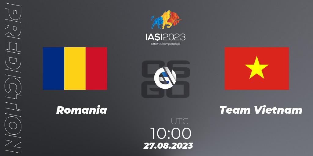 Romania contre Team Vietnam : prédiction de match. 27.08.2023 at 14:30. Counter-Strike (CS2), IESF World Esports Championship 2023