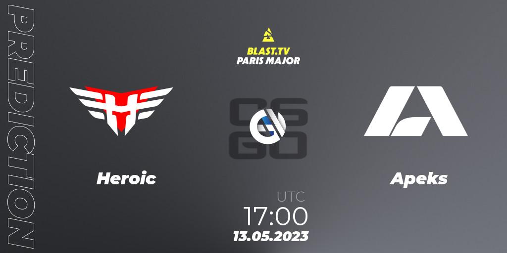 Heroic contre Apeks : prédiction de match. 13.05.2023 at 17:10. Counter-Strike (CS2), BLAST Paris Major 2023
