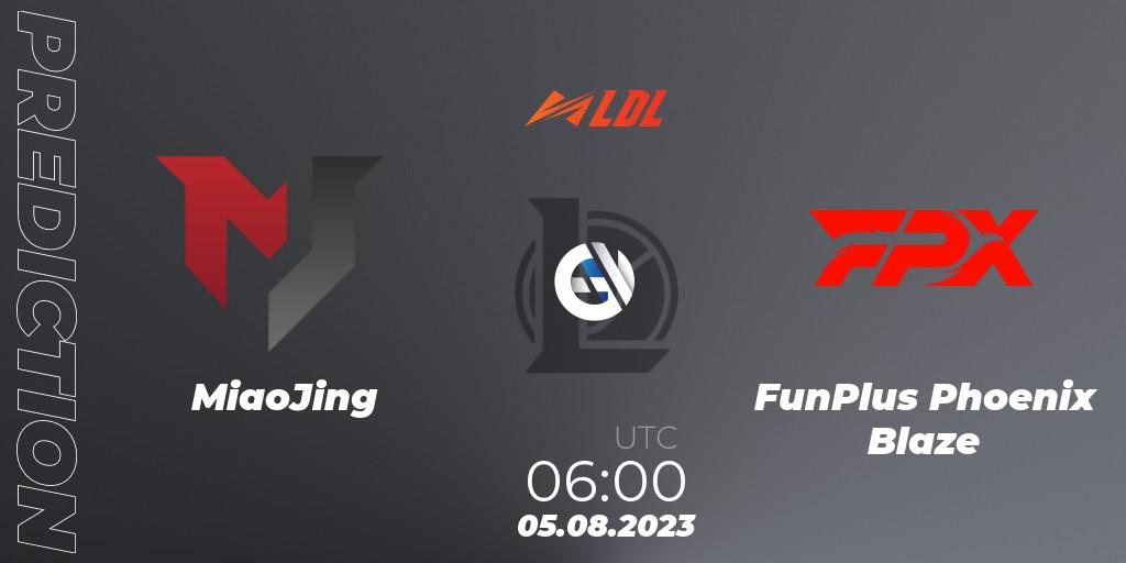 MiaoJing contre FunPlus Phoenix Blaze : prédiction de match. 05.08.2023 at 06:00. LoL, LDL 2023 - Playoffs