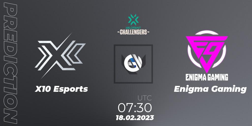 X10 Esports contre Enigma Gaming : prédiction de match. 18.02.2023 at 08:30. VALORANT, VALORANT Challengers 2023: Malaysia & Singapore Split 1