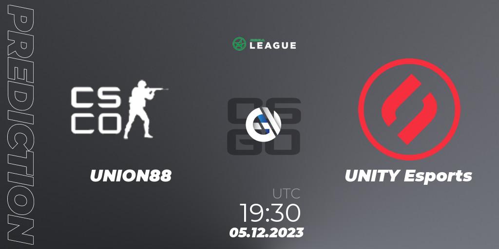 UNION88 contre UNITY Esports : prédiction de match. 05.12.2023 at 19:30. Counter-Strike (CS2), ESEA Season 47: Main Division - Europe