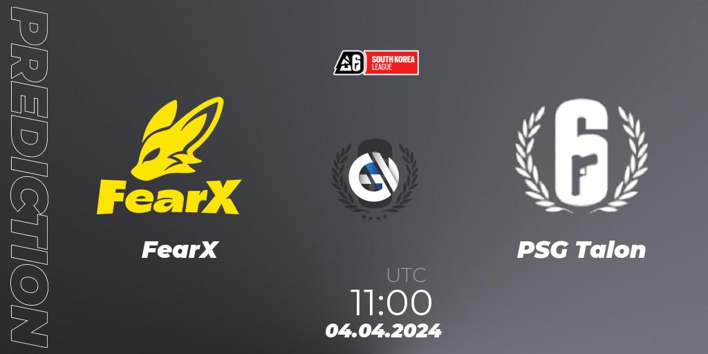 FearX contre PSG Talon : prédiction de match. 05.04.2024 at 11:00. Rainbow Six, South Korea League 2024 - Stage 1