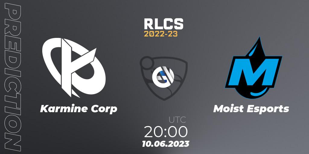 Karmine Corp contre Moist Esports : prédiction de match. 10.06.2023 at 20:25. Rocket League, RLCS 2022-23 - Spring: Europe Regional 3 - Spring Invitational