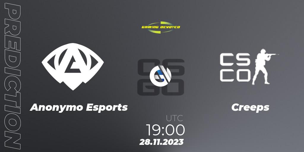 Anonymo Esports contre Creeps : prédiction de match. 08.12.2023 at 19:00. Counter-Strike (CS2), Gaming Devoted Become The Best