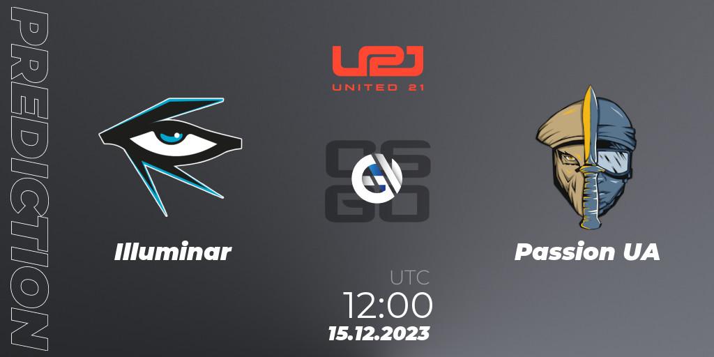 Illuminar contre Passion UA : prédiction de match. 15.12.2023 at 12:00. Counter-Strike (CS2), United21 Season 9