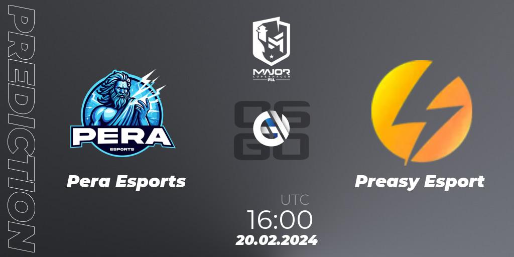Pera Esports contre Preasy Esport : prédiction de match. 20.02.2024 at 16:45. Counter-Strike (CS2), PGL CS2 Major Copenhagen 2024: European RMR B