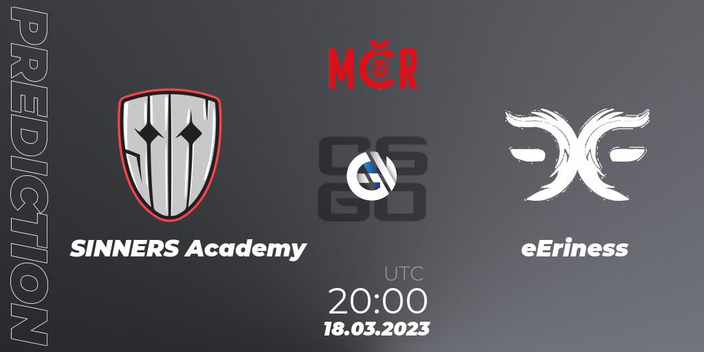 SINNERS Academy contre eEriness : prédiction de match. 18.03.2023 at 20:00. Counter-Strike (CS2), Tipsport Cup Prague Spring 2023: Closed Qualifier
