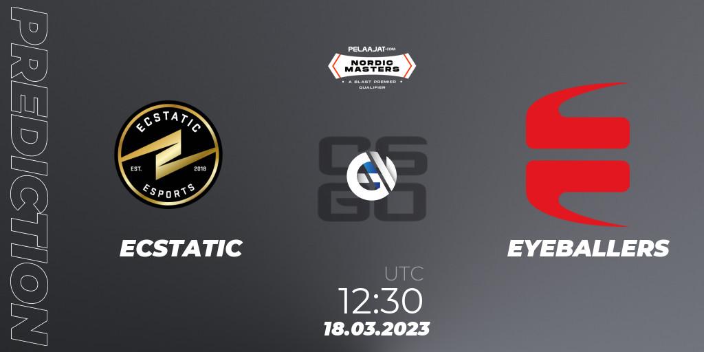 ECSTATIC contre EYEBALLERS : prédiction de match. 18.03.2023 at 12:30. Counter-Strike (CS2), Pelaajat Nordic Masters Spring 2023 - BLAST Premier Qualifier