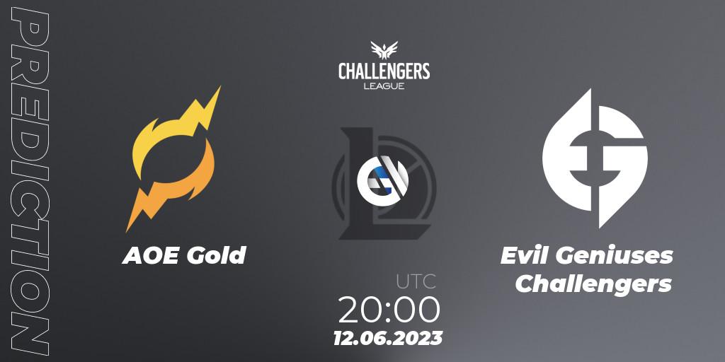AOE Gold contre Evil Geniuses Challengers : prédiction de match. 12.06.2023 at 20:00. LoL, North American Challengers League 2023 Summer - Group Stage