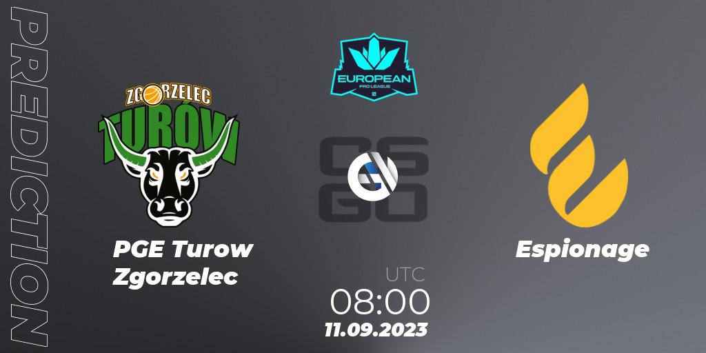 PGE Turow Zgorzelec contre Espionage : prédiction de match. 11.09.2023 at 08:00. Counter-Strike (CS2), European Pro League Season 10