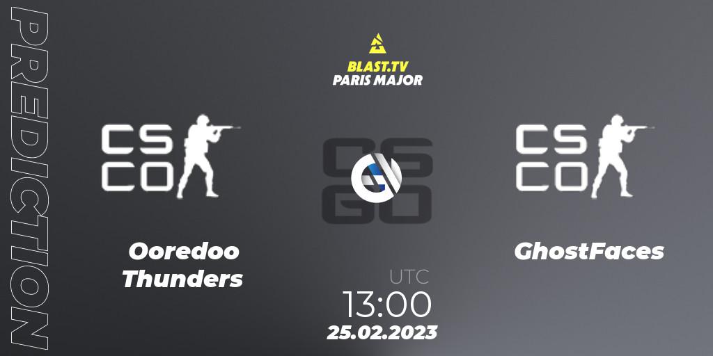 Ooredoo Thunders contre GhostFaces : prédiction de match. 25.02.2023 at 13:00. Counter-Strike (CS2), BLAST.tv Paris Major 2023 Middle East RMR Closed Qualifier