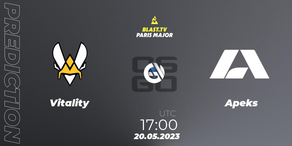 Vitality contre Apeks : prédiction de match. 20.05.2023 at 17:35. Counter-Strike (CS2), BLAST Paris Major 2023
