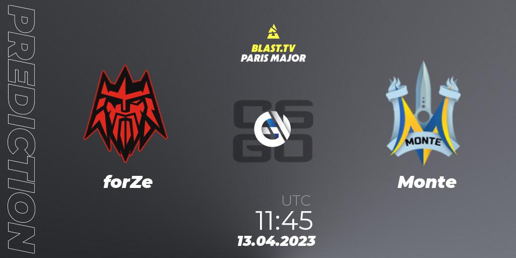 forZe contre Monte : prédiction de match. 13.04.2023 at 12:45. Counter-Strike (CS2), BLAST.tv Paris Major 2023 Europe RMR B