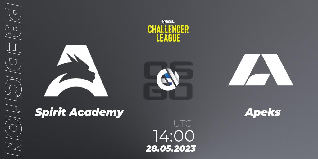 Spirit Academy contre Apeks : prédiction de match. 28.05.2023 at 14:00. Counter-Strike (CS2), ESL Challenger League Season 45: Europe
